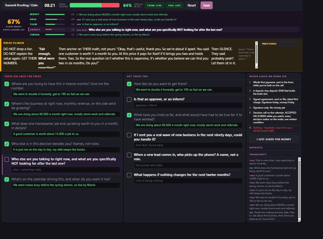 Call Shadow AI live console during a roofing sales call: the price flinch coaching card, section rows with the next question to ask, filed answers, and close readiness at 67 percent